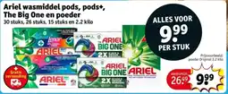 Kruidvat Ariel wasmiddel pods, pods+, The Big One en poeder aanbieding