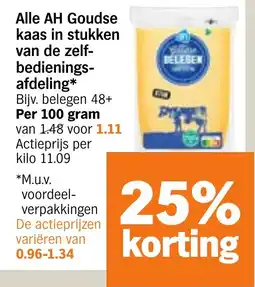 Albert Heijn Alle AH Goudse kaas in stukken van de zelf- bedienings afdeling aanbieding
