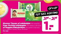 PLUS Kleenex Tissues of zakdoekjes , Page Vochtig toiletpapier of Huggies Babydoekjes aanbieding