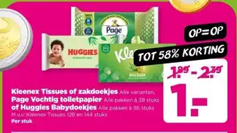 PLUS Kleenex Tissues of zakdoekjes , Page Vochtig toiletpapier of Huggies Babydoekjes aanbieding