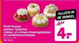 Coop Plus parijse soezen, hazelino crème of citroen bloemgebakjes of aardbeienschelpjes aanbieding