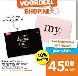 Albert Heijn RestaurantCadeau of My Jewellery cadeaukaart aanbieding