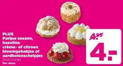 PLUS PLUS Parijse soezen, hazelino crème-of citroen bloemgebakjes of aardbeienschelpjes aanbieding