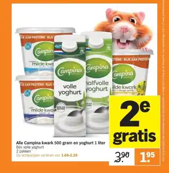 Albert Heijn Alle Campina kwark 500 gram en yoghurt 1 liter aanbieding