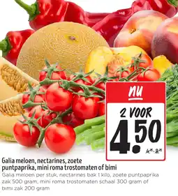 Jumbo Galia meloen, nectarines, zoete puntpaprika, mini roma trostomaten of bimi aanbieding