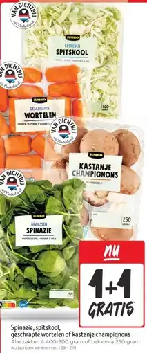 Jumbo Spinazie, spitskool, geschrapte wortelen of kastanje champignons aanbieding