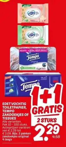 Dekamarkt EDET VOCHTIG TOILETPAPIER, TEMPO ZAKDOEKJES OF TISSUES aanbieding