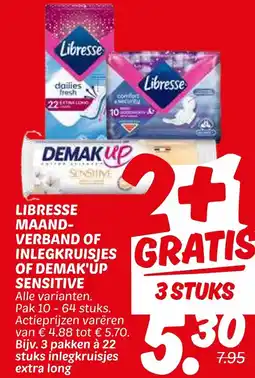 Dekamarkt Libresse maand verband of inlegkruisjes of demak'up sensitive aanbieding