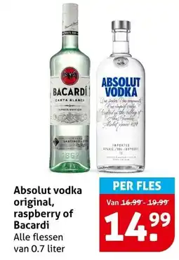 Hoogvliet Absolut vodka original, raspberry of Bacardi aanbieding