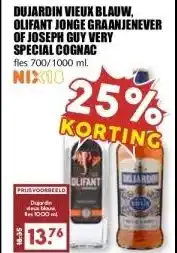 MCD Supermarkt Dujardin vieux blauw, olifant jonge graanjenever of joseph guy very special cognac aanbieding