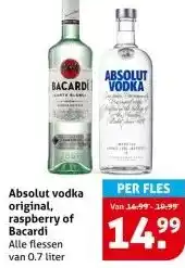 Hoogvliet Absolut vodka original, raspberry of Bacardi aanbieding