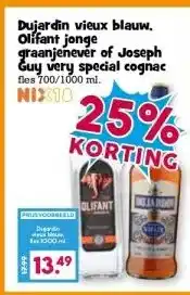 Boon`s Markt Dujardin vieux blauw. Olifant jonge graanjenever of Joseph Guy very special cognac aanbieding