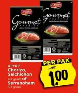 Vomar Voordeelmarkt Chorizo, Salchichon 40 gram of Serranoham 50 gram aanbieding