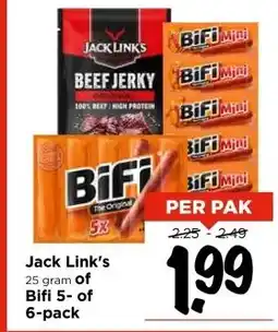 Vomar Voordeelmarkt Jack Link's 25 gram of Bifi 5- of 6-pack aanbieding