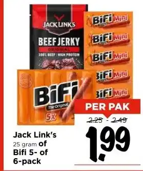 Vomar Voordeelmarkt Jack Link's 25 gram of Bifi 5- of 6-pack aanbieding