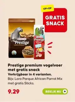 Pets Place Prestige premium vogelvoer met gratis snack aanbieding