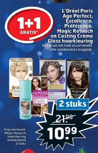 Trekpleister L'Oreal Paris Age Perfect, Excellence, Preference, Magic Retouch en Casting Creme Gloss haarkleuring 1+1 aanbieding