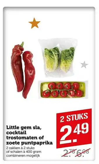 Coop Little Gem Sla, Cocktail Trostomaten Of Zoete Puntpaprika aanbieding