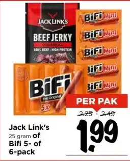 Vomar Voordeelmarkt Jack Link's 25 gram of Bifi 5- of 6-pack aanbieding
