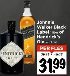 Vomar Voordeelmarkt Johnnie Walker Black Label 1 liter of Hendrick's Gin 700 ml aanbieding