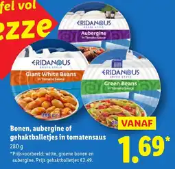 Lidl Bonen, aubergine of gehaktballetjes in tomatensaus aanbieding