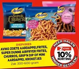 Vomar Voordeelmarkt Aviko zoete aardappelfrites, super dunne airfryer frites, churros, grip'n dip of mini aardappel kroketjes aanbieding