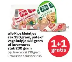 Spar alle Kips kleintjes zak 120 gram, paté of vega kuipje 125 gram of leverworst stuk 230 gram aanbieding