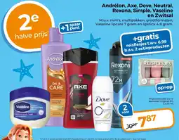 Trekpleister Andrélon, Axe, Dove, Neutral, Rexona, Simple, Vaseline en Zwitsal aanbieding