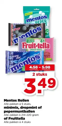PLUS Mentos Rollen , minimix, dropmint of pepermuntballen of Fruittella aanbieding