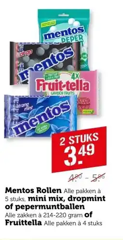 Coop Mentos Rollen, mini mix, dropmint of pepermuntballen of Fruittella aanbieding