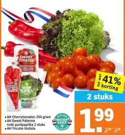 Albert Heijn AH Cherrytomaten, AH Sweet Palermo rode puntpaprika, AH Tricolor kluitsla aanbieding