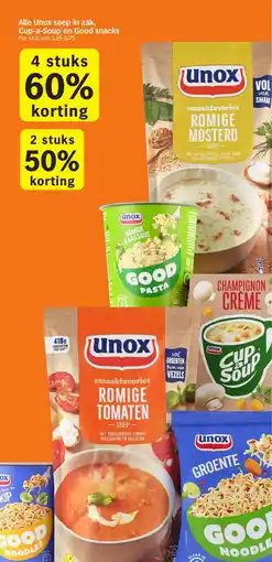 Albert Heijn Alle Unox soep in zak, Cup a Soup en Good snacks aanbieding