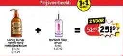 Kruidvat Loving Blends Honing Goud Herstellend serum 115 ml + Revitalift Filler serum 30 ml aanbieding