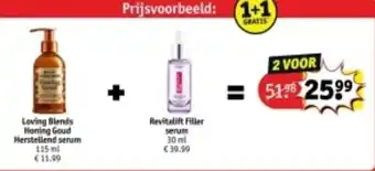 Kruidvat Loving Blends Honing Goud Herstellend serum 115 ml + Revitalift Filler serum 30 ml aanbieding