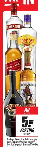 Jumbo Baileys likeur, Captain Morgan rum, Johnnie Walker whisky, Gordon's gin of Smirnoff vodka aanbieding