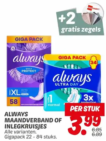 Dekamarkt Always maandverband of inlegkruisjes aanbieding