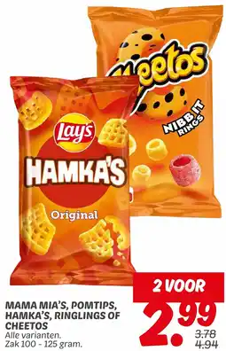 Dekamarkt Mama mia's, pomtips, hamka's, ringlings of cheetos aanbieding