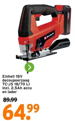 GAMMA Einhell 18V decoupeerzaag TC-JS 18/70 LI incl. 2.5Ah accu en lader aanbieding