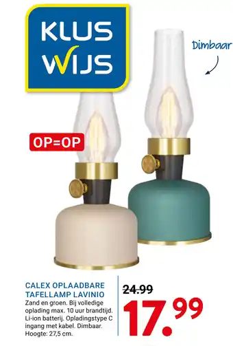 Kluswijs Calex oplaadbare tafellamp lavinio aanbieding