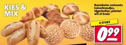 Nettorama Roomboter croissants kaiserbroodjes, tijgerbollen, pistolet wit of bruin aanbieding