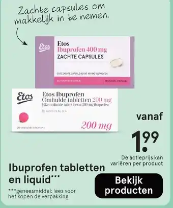 Etos Ibuprofen tabletten en liquid aanbieding