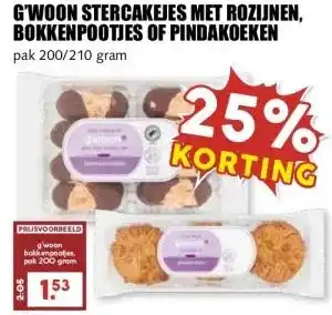 MCD Supermarkt G'WOON STERCAKEJES MET ROZIJNEN, BOKKENPOOTJES OF PINDAKOEKEN aanbieding