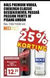 MCD Supermarkt BOLS PREMIUM VODKA, COEBERGH CLASSIC BESSENJENEVER, PASSOÄ PASSION FRUITS OF PISANG AMBON aanbieding