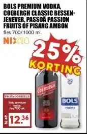 MCD Supermarkt BOLS PREMIUM VODKA, COEBERGH CLASSIC BESSEN- JENEVER, PASSOÄ PASSION FRUITS OF PISANG AMBON aanbieding