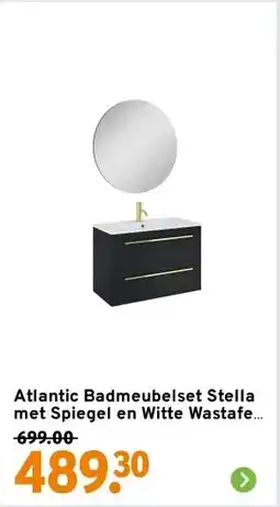 GAMMA Atlantic Badmeubelset Stella met Spiegel en Witte Wastafel 80 cm Mat Zwart aanbieding
