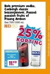 Boon`s Markt Bols premium vodka. Coebergh classic bessenjenever. Passoã passion fruits of Pisang Ambon aanbieding