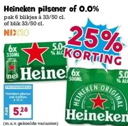 Boon`s Markt Heineken pilsener of 0.0% pak 6 blikjes à 33/50 cl. of blik 33/50 cl. NIX18 aanbieding