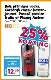 Boon`s Markt Bols premium vodka. Coebergh classic bessen- jenever. Passoã passion Fruits of Pisang Ambon NIX10 aanbieding