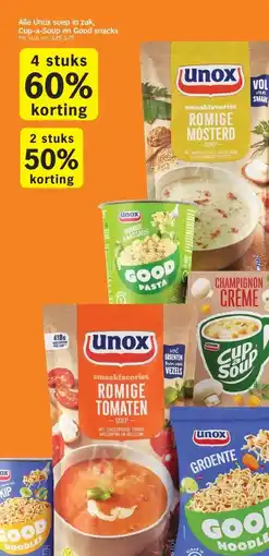 Albert Heijn Alle Unox soep in zak, Cup-a-Soup en Good snacks aanbieding