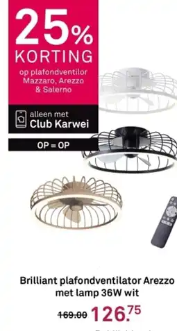 Karwei Brilliant plafondventilator Arezzo met lamp 36W wit aanbieding